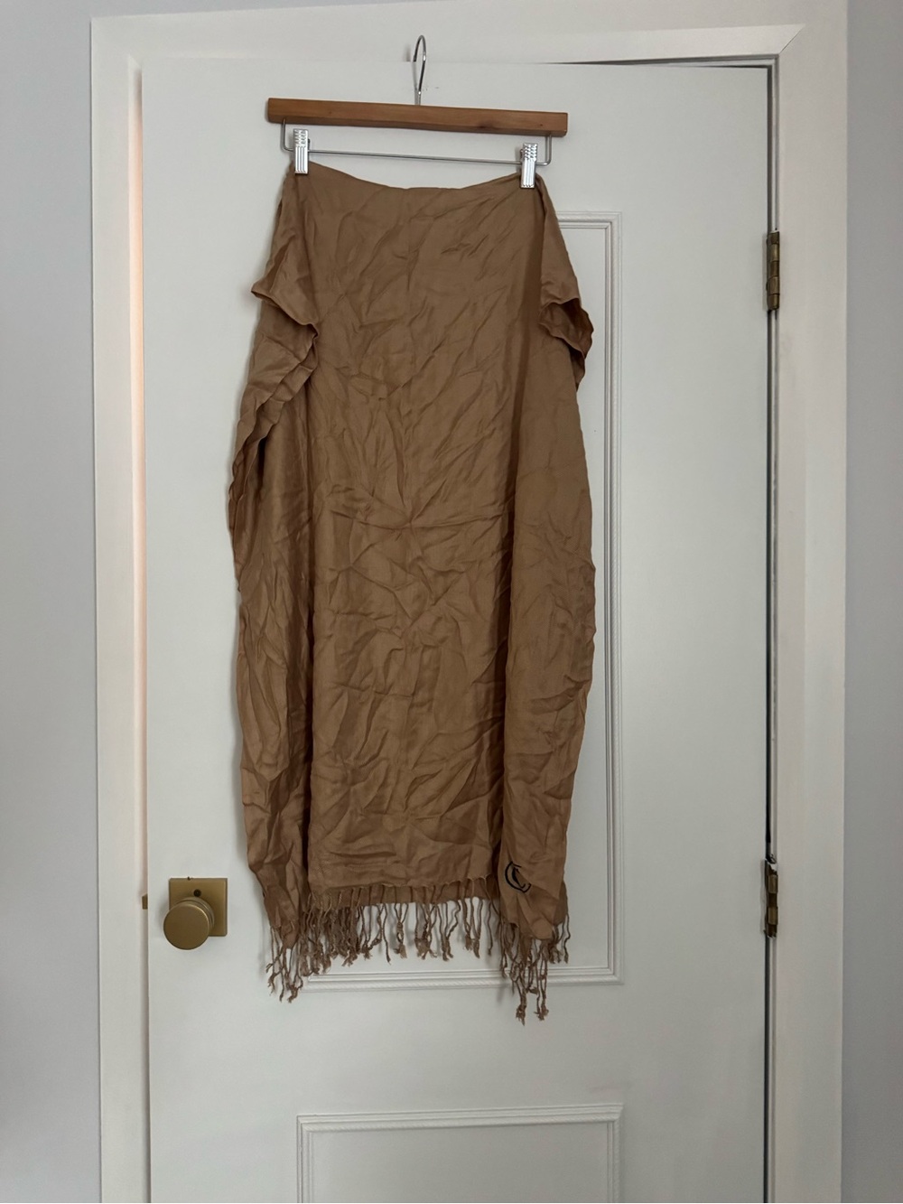 Chantelle Fringe-Trim Wrap Scarf in Tan